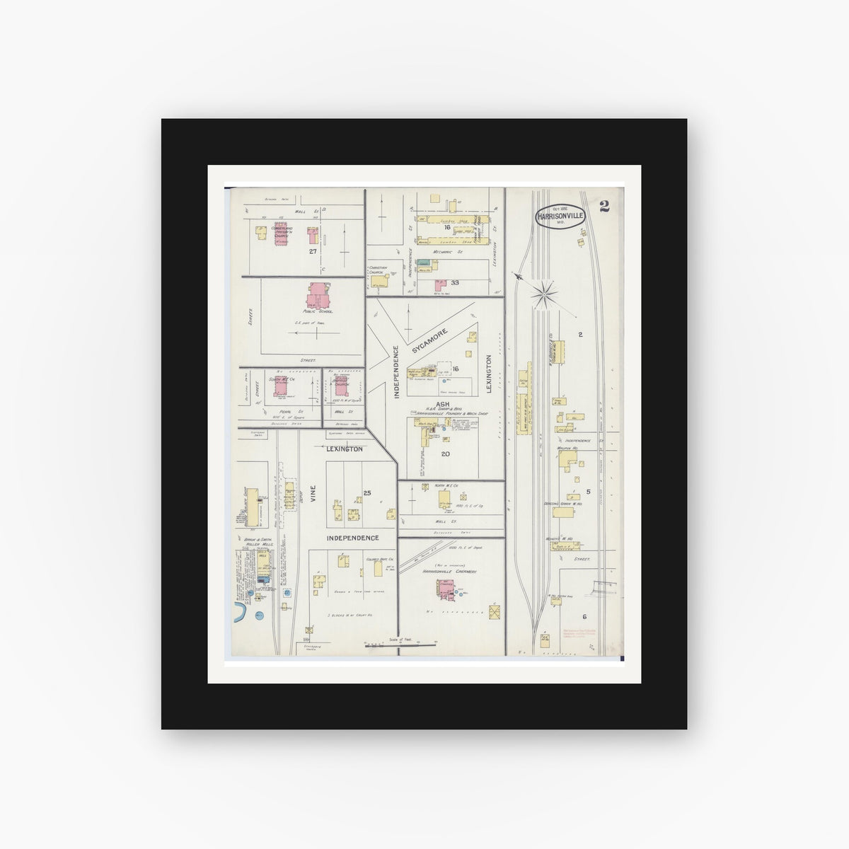 Old map wall art mockup — black gallery frame with white mat — Sanborn Fire Insurance Map from Harrisonville, Cass County, Missouri (1892), Sheet #0002