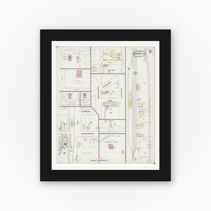 Old map wall art mockup — black gallery frame with white mat — Sanborn Fire Insurance Map from Harrisonville, Cass County, Missouri (1892), Sheet #0002