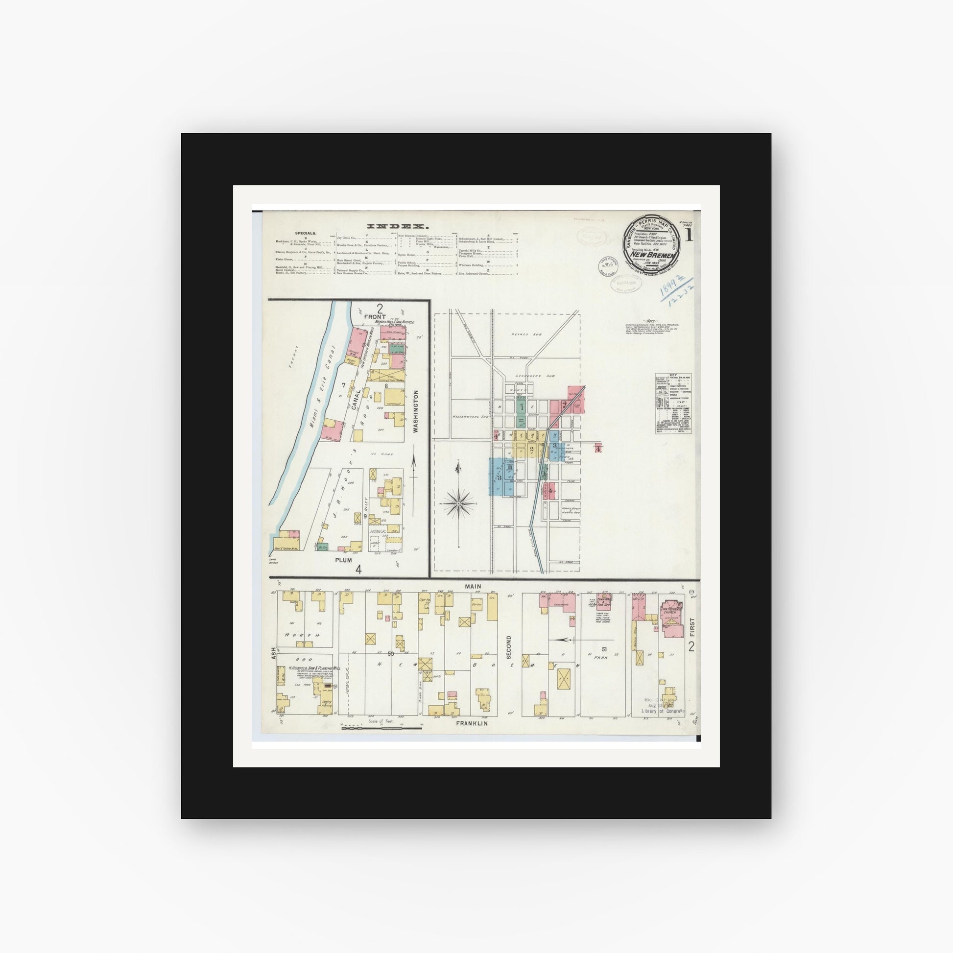 Old map wall art mockup — black gallery frame with white mat — Sanborn Fire Insurance Map from New Bremen, Auglaize County, Ohio (1899) - Complete Map Set