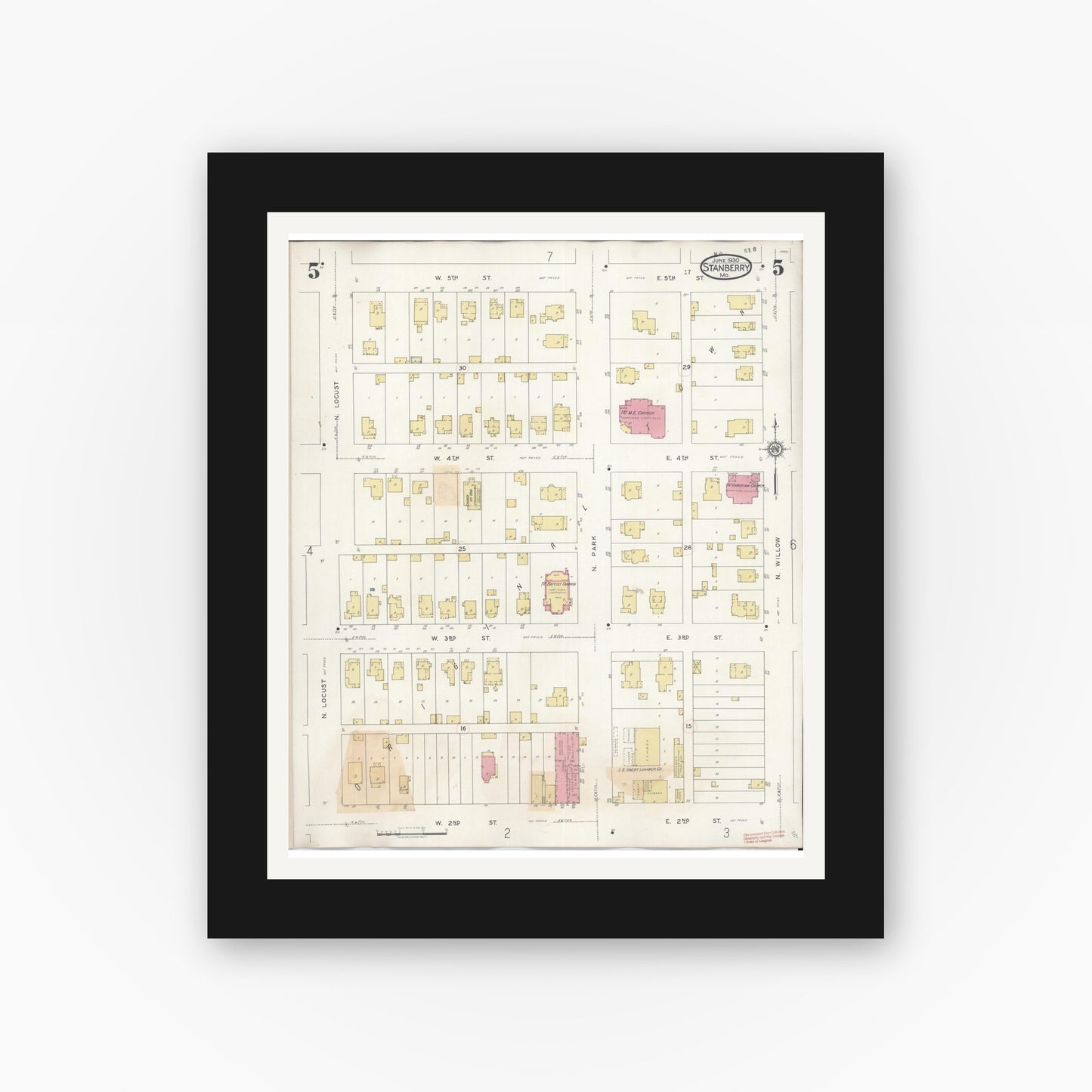 Old map wall art mockup — black gallery frame with white mat — Sanborn Fire Insurance Map from Stanberry, Gentry County, Missouri (1940), Sheet #0005