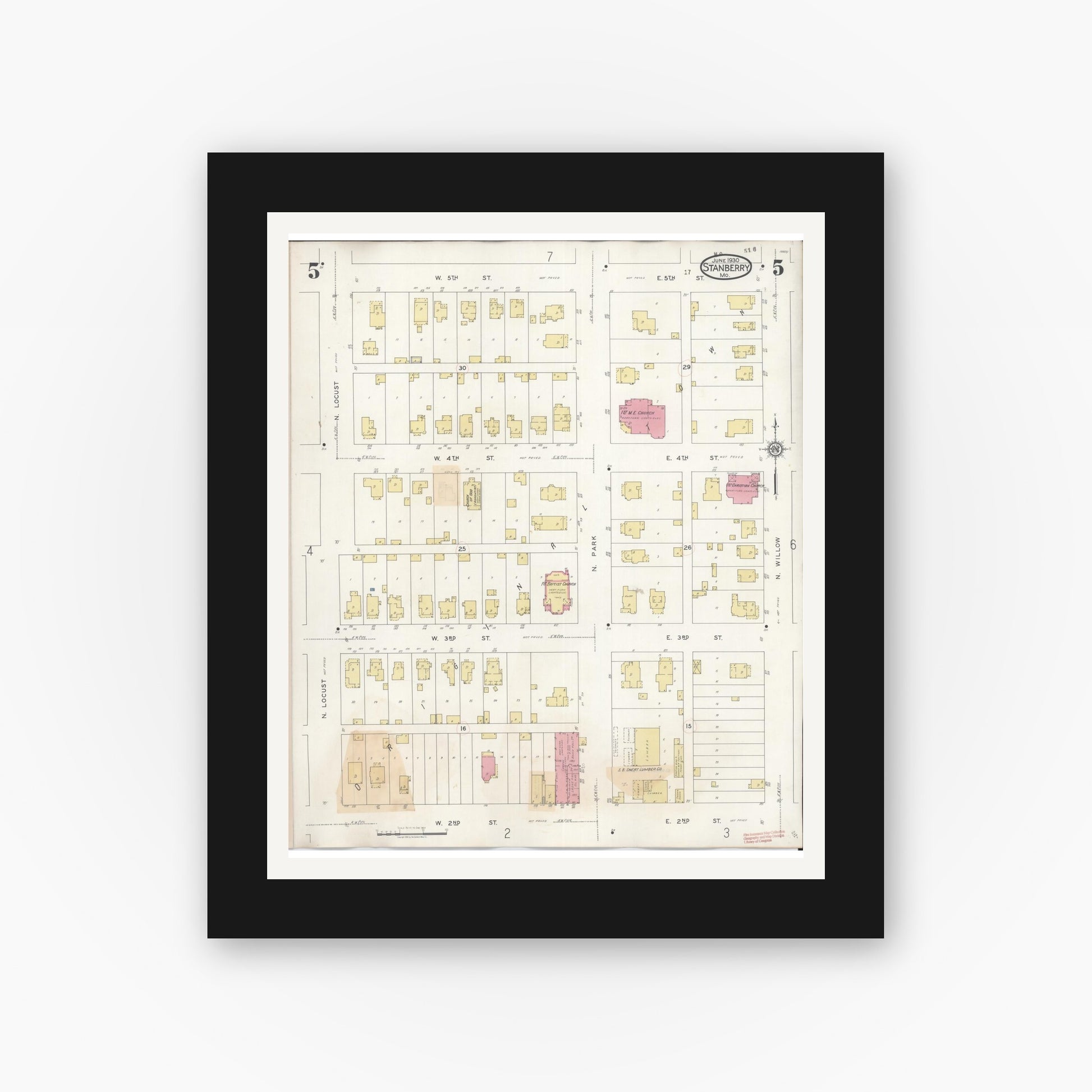 Old map wall art mockup — black gallery frame with white mat — Sanborn Fire Insurance Map from Stanberry, Gentry County, Missouri (1940), Sheet #0005