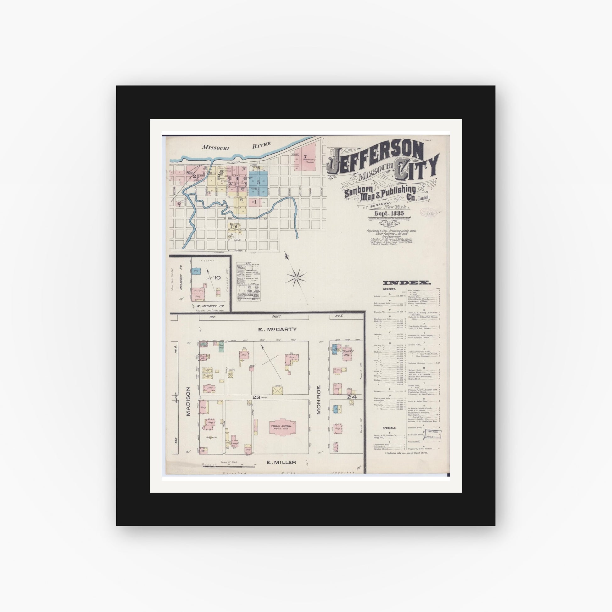 Old map wall art mockup — black gallery frame with white mat — Sanborn Fire Insurance Map from Jefferson City, Cole County, Missouri (1885) - Complete Map Set