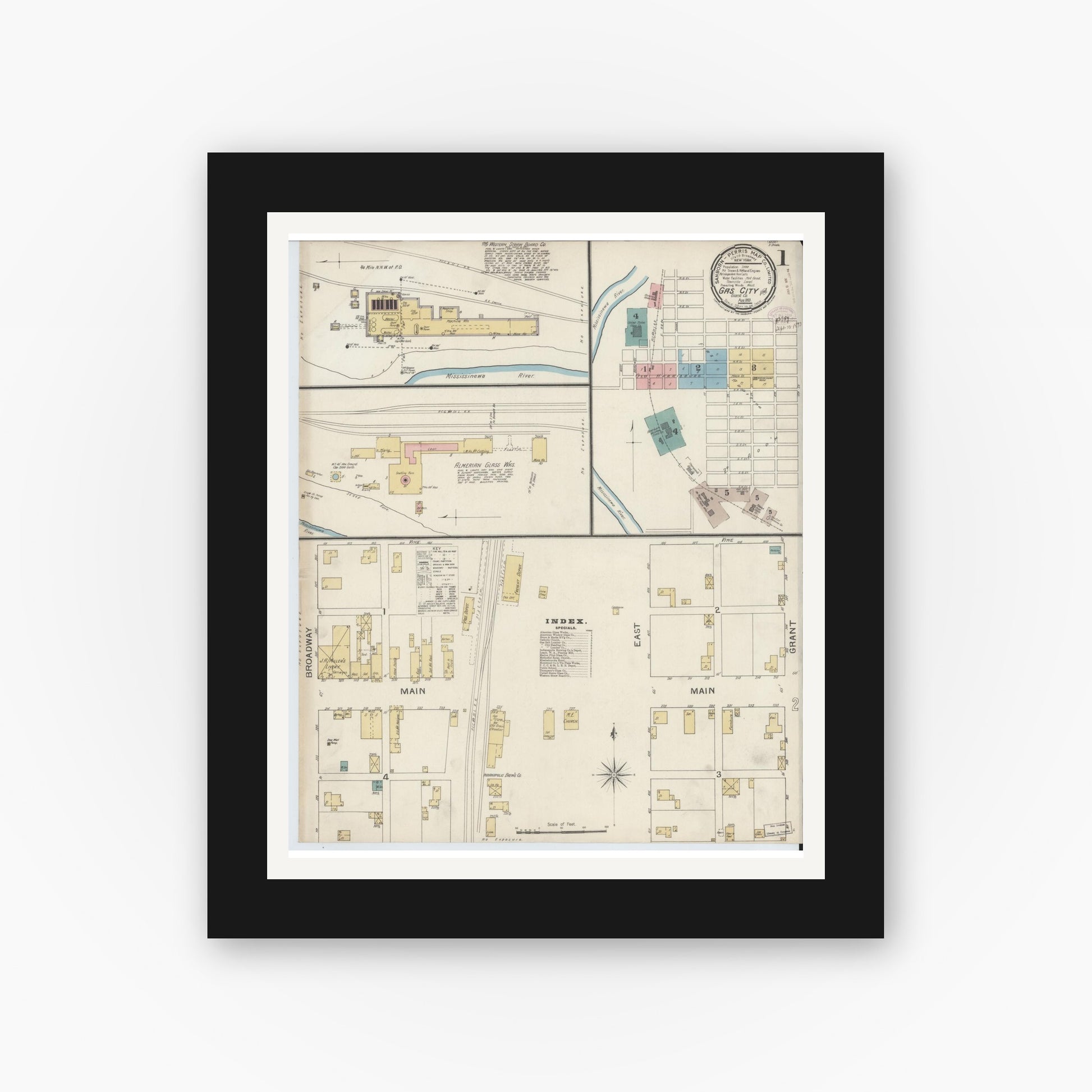 Old map wall art mockup — black gallery frame with white mat — Sanborn Fire Insurance Map from Gas City, Grant County, Indiana (1893), Sheet #0001