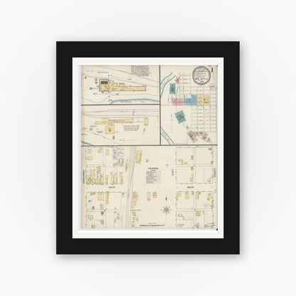 Old map wall art mockup — black gallery frame with white mat — Sanborn Fire Insurance Map from Gas City, Grant County, Indiana (1893), Sheet #0001