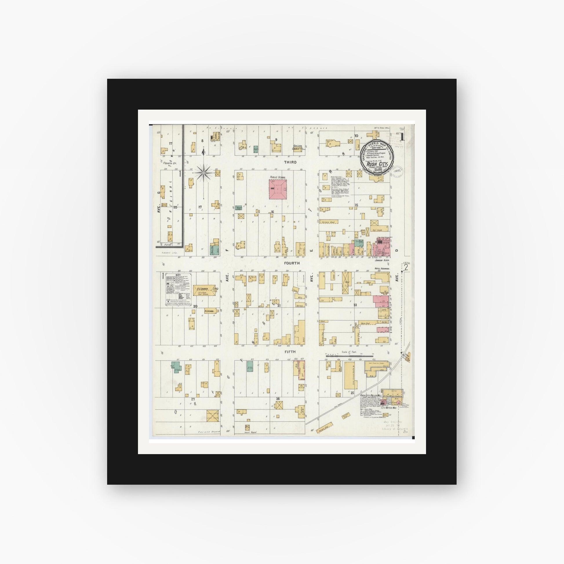 Old map wall art mockup — black gallery frame with white mat — Sanborn Fire Insurance Map from Rush City, Chisago County, Minnesota (1899) - Complete Map Set