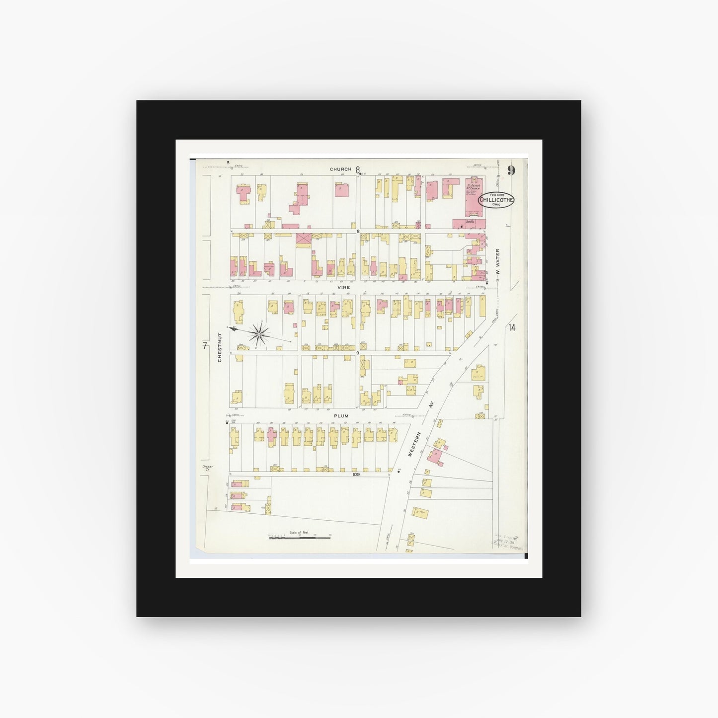 Old map wall art mockup — black gallery frame with white mat — Sanborn Fire Insurance Map from Chillicothe, Ross County, Ohio (1909), Sheet #0009