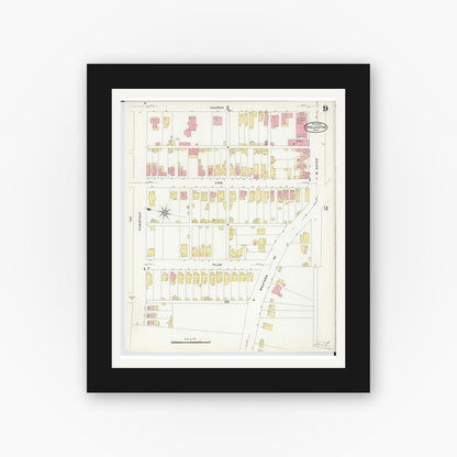 Old map wall art mockup — black gallery frame with white mat — Sanborn Fire Insurance Map from Chillicothe, Ross County, Ohio (1909), Sheet #0009