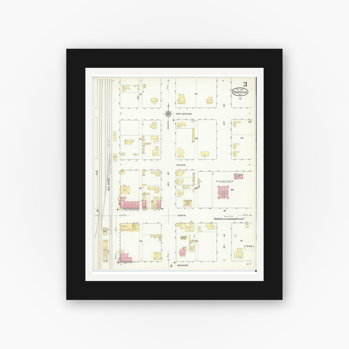 Old map wall art mockup — black gallery frame with white mat — Sanborn Fire Insurance Map from Hempstead, Waller County, Texas (1912), Sheet #0003
