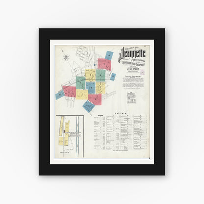 Old map wall art mockup — black gallery frame with white mat — Sanborn Fire Insurance Map from Jeannette, Westmoreland County, Pennsylvania (1905) - Complete Map Set