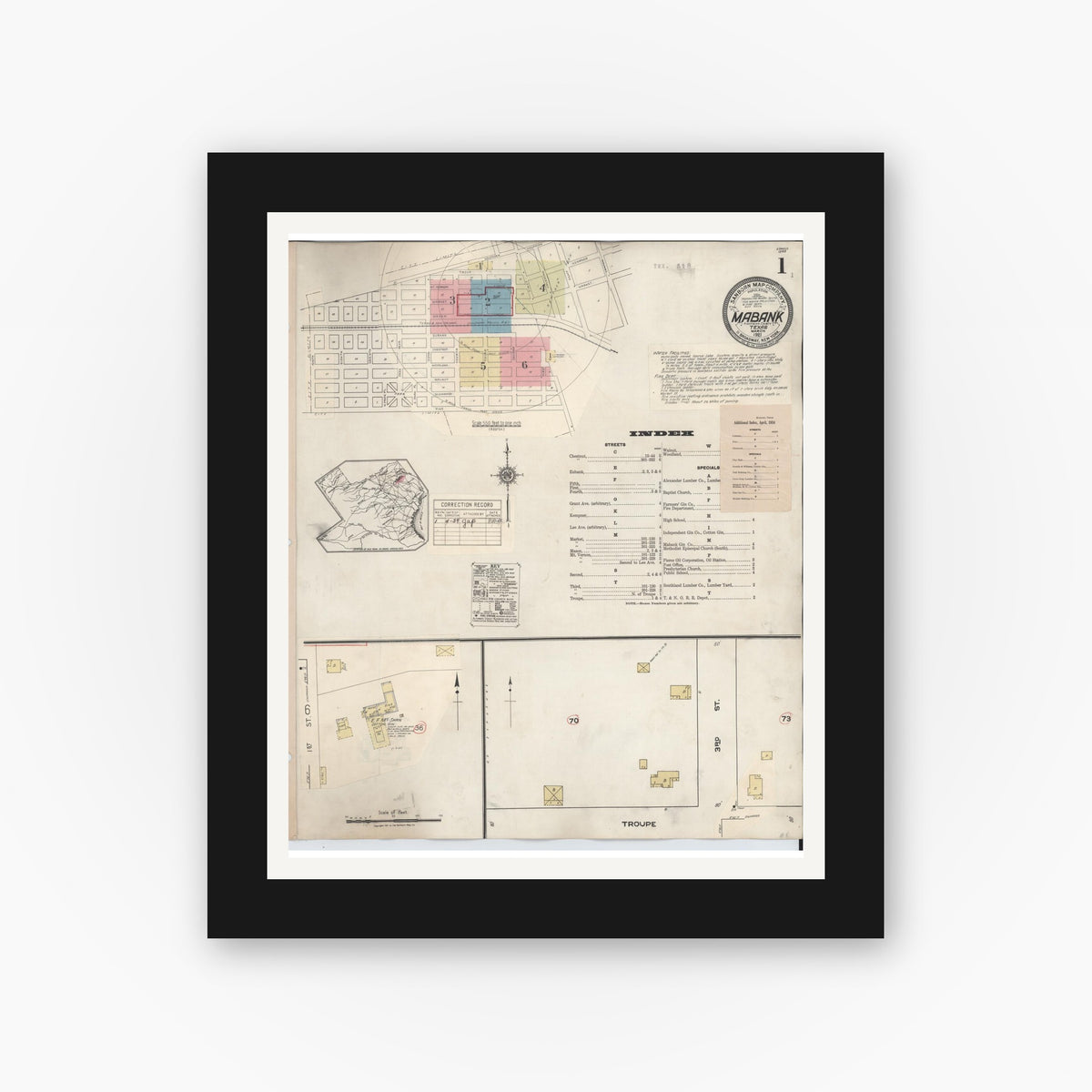 Old map wall art mockup — black gallery frame with white mat — Sanborn Fire Insurance Map from Mabank, Kaufman County, Texas (1934), Sheet #0001
