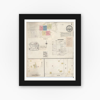Old map wall art mockup — black gallery frame with white mat — Sanborn Fire Insurance Map from Mabank, Kaufman County, Texas (1934), Sheet #0001