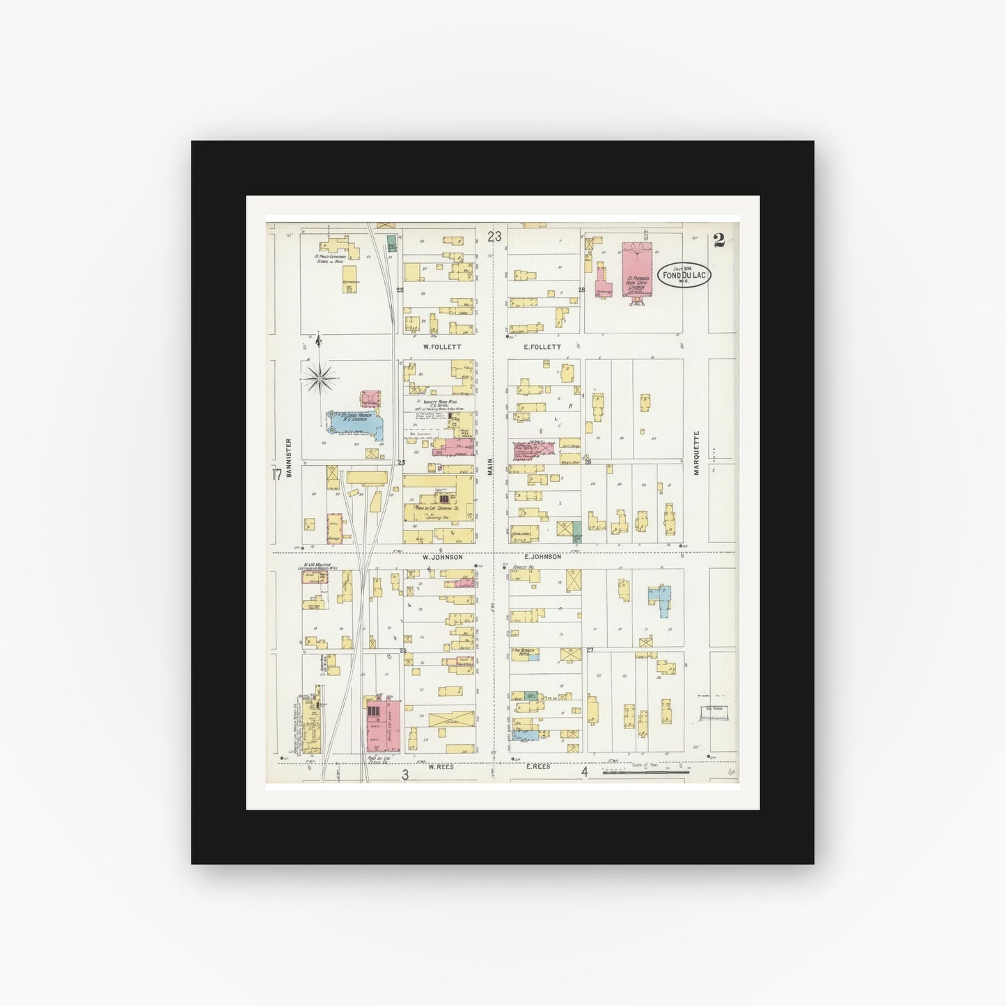 Old map wall art mockup — black gallery frame with white mat — Sanborn Fire Insurance Map from Fond du Lac, Fond du Lac County, Wisconsin (1898), Sheet #0002