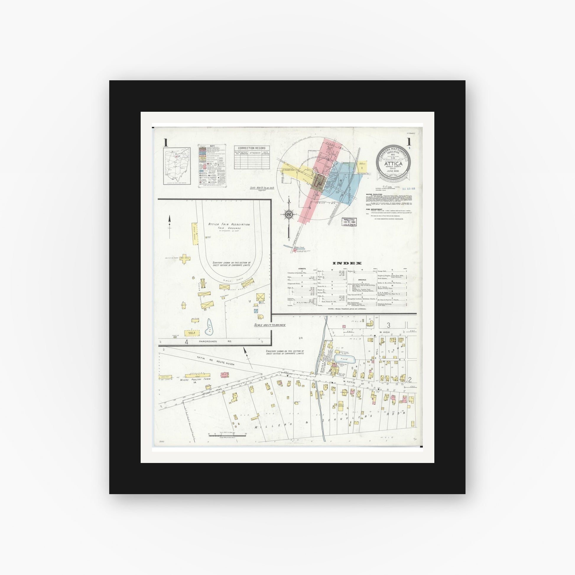Old map wall art mockup — black gallery frame with white mat — Sanborn Fire Insurance Map from Attica, Seneca County, Ohio (1938) - Complete Map Set