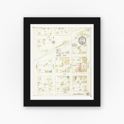 Old map wall art mockup — black gallery frame with white mat — Sanborn Fire Insurance Map from Sumner, Bremer County, Iowa (1895), Sheet #0001