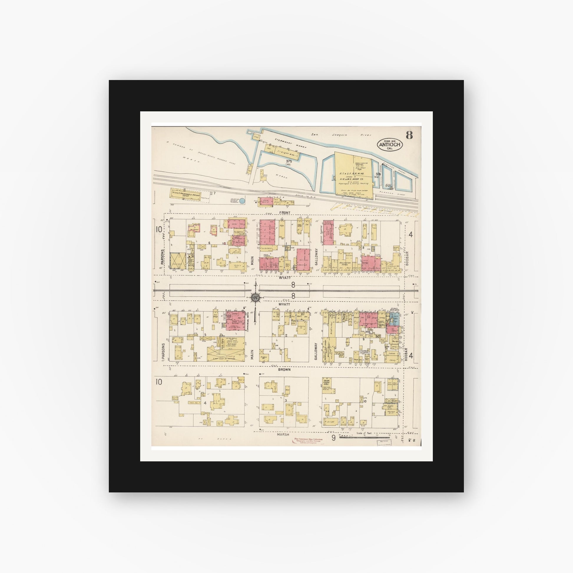 Old map wall art mockup — black gallery frame with white mat — Sanborn Fire Insurance Map from Antioch, Contra Costa County, California (1912), Sheet #0008