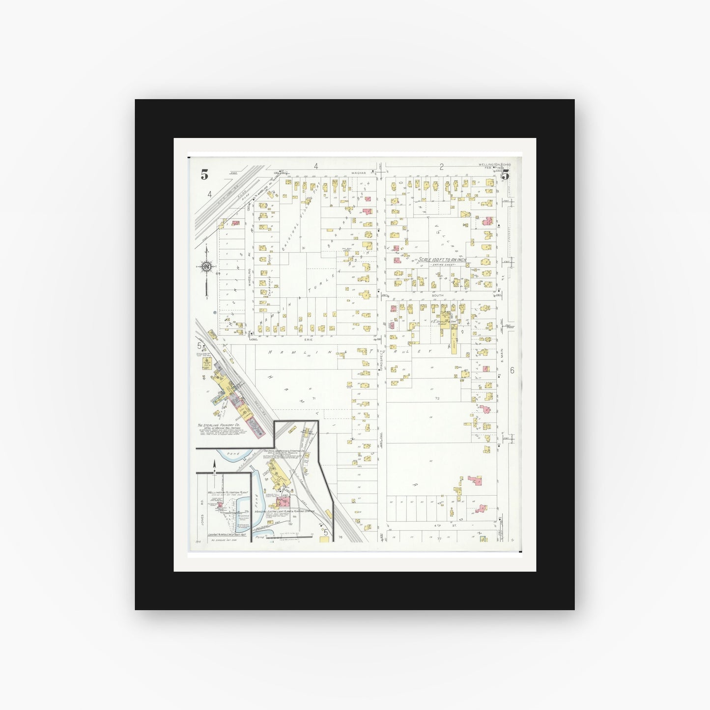 Old map wall art mockup — black gallery frame with white mat — Sanborn Fire Insurance Map from Wellington, Lorain County, Ohio (1933), Sheet #0005