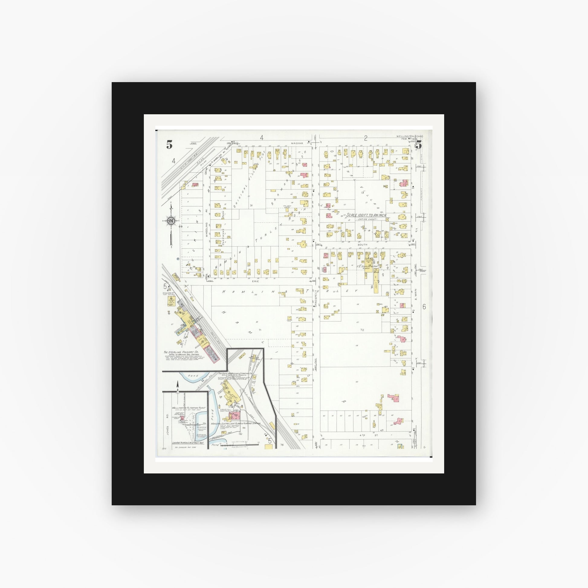 Old map wall art mockup — black gallery frame with white mat — Sanborn Fire Insurance Map from Wellington, Lorain County, Ohio (1933), Sheet #0005