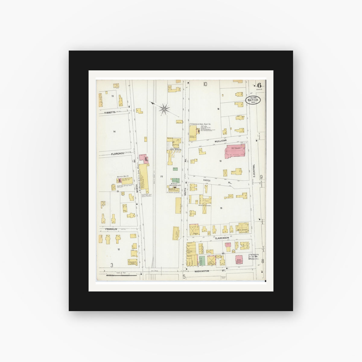 Old map wall art mockup — black gallery frame with white mat — Sanborn Fire Insurance Map from Natick, Middlesex County, Massachusetts (1899), Sheet #0006