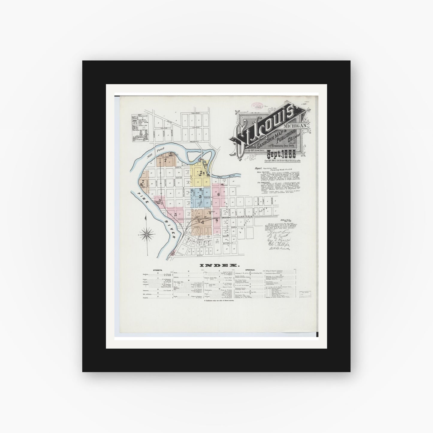 Old map wall art mockup — black gallery frame with white mat — Sanborn Fire Insurance Map from Saint Louis, Gratiot County, Michigan (1888) - Complete Map Set