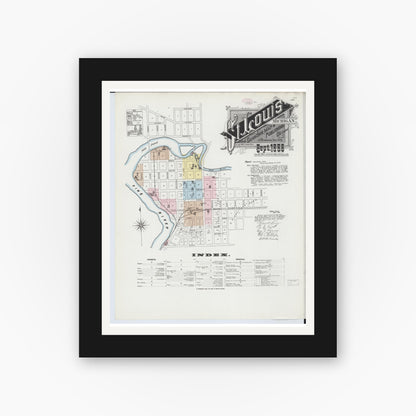 Old map wall art mockup — black gallery frame with white mat — Sanborn Fire Insurance Map from Saint Louis, Gratiot County, Michigan (1888) - Complete Map Set