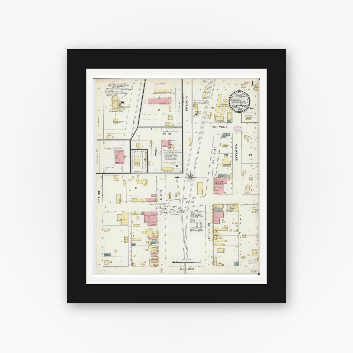 Old map wall art mockup — black gallery frame with white mat — Sanborn Fire Insurance Map from Camp Point, Adams County, Illinois (1893) - Complete Map Set