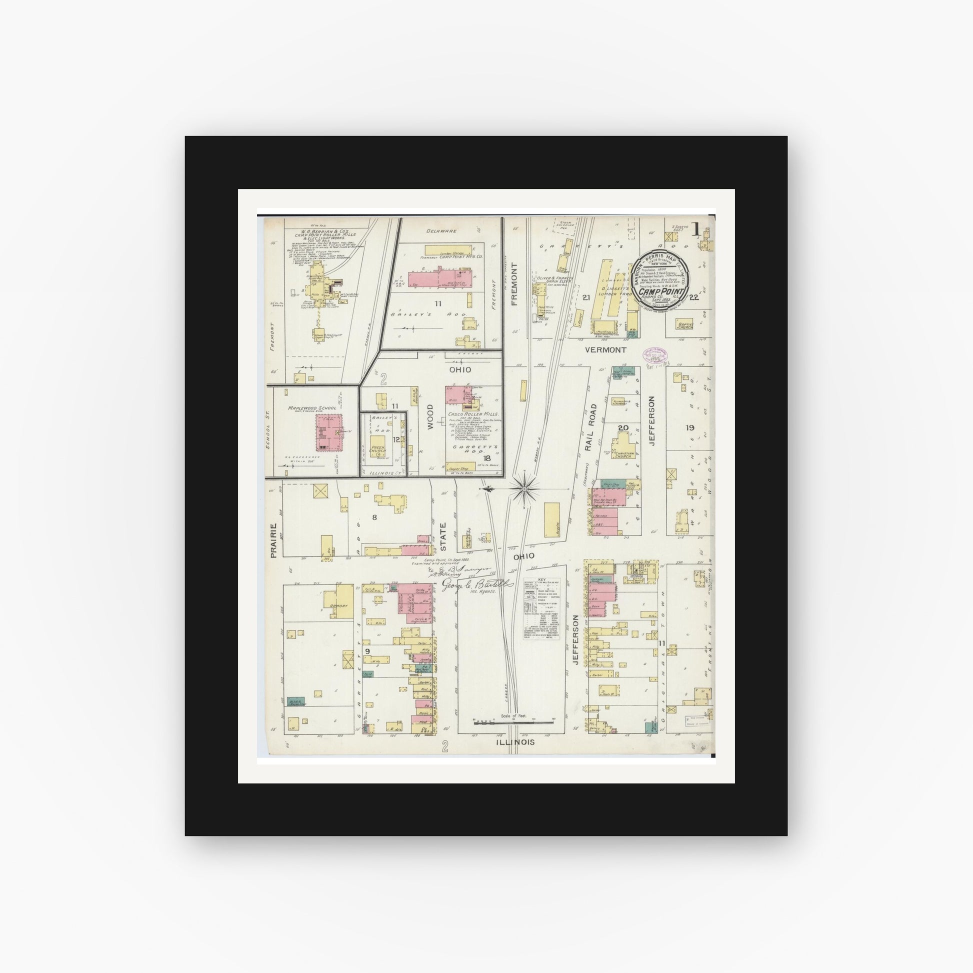Old map wall art mockup — black gallery frame with white mat — Sanborn Fire Insurance Map from Camp Point, Adams County, Illinois (1893) - Complete Map Set