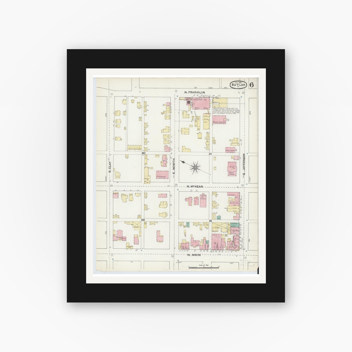 Old map wall art mockup — black gallery frame with white mat — Sanborn Fire Insurance Map from Butler, Butler County, Pennsylvania (1891), Sheet #0006