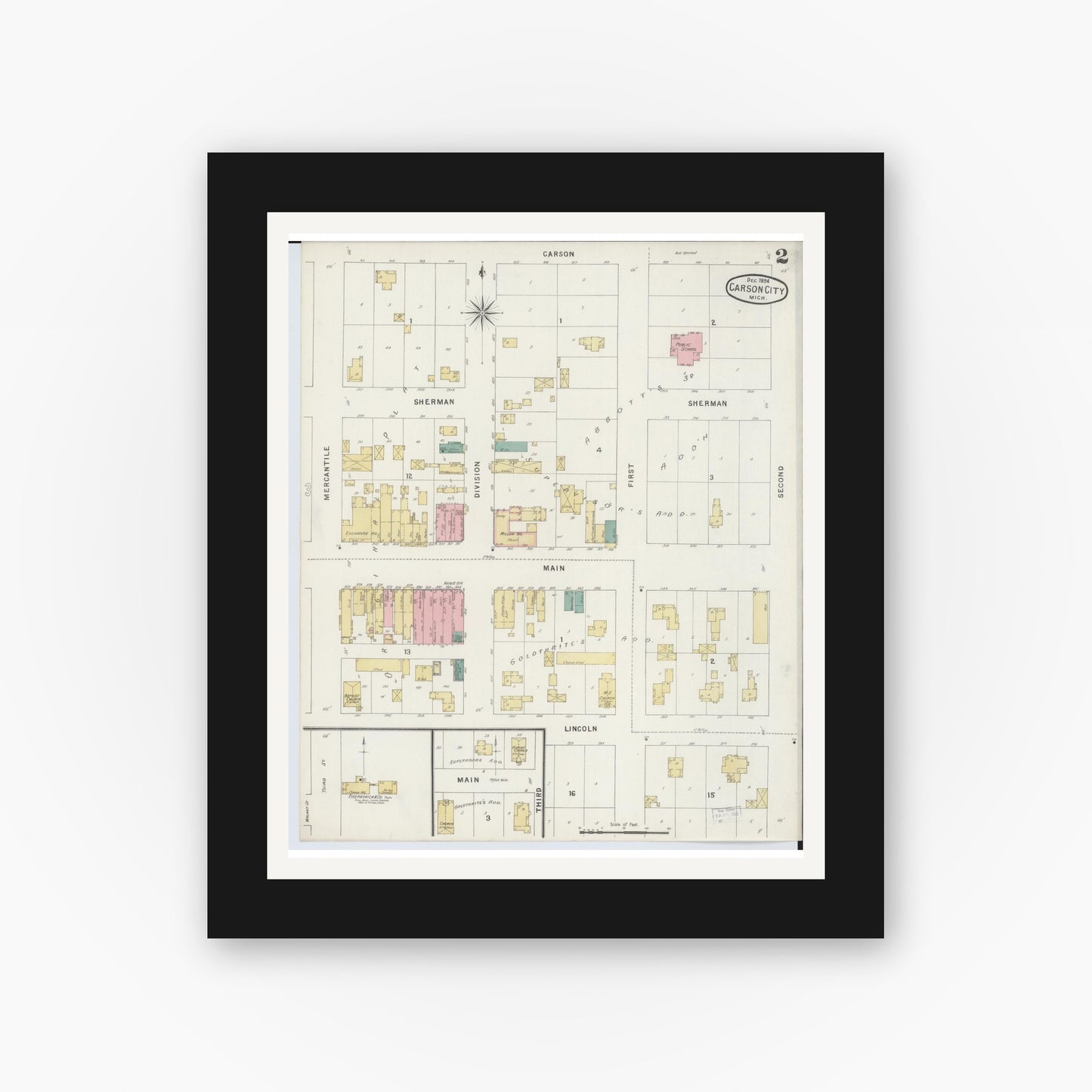 Old map wall art mockup — black gallery frame with white mat — Sanborn Fire Insurance Map from Carson City, Montcalm County, Michigan (1894), Sheet #0002