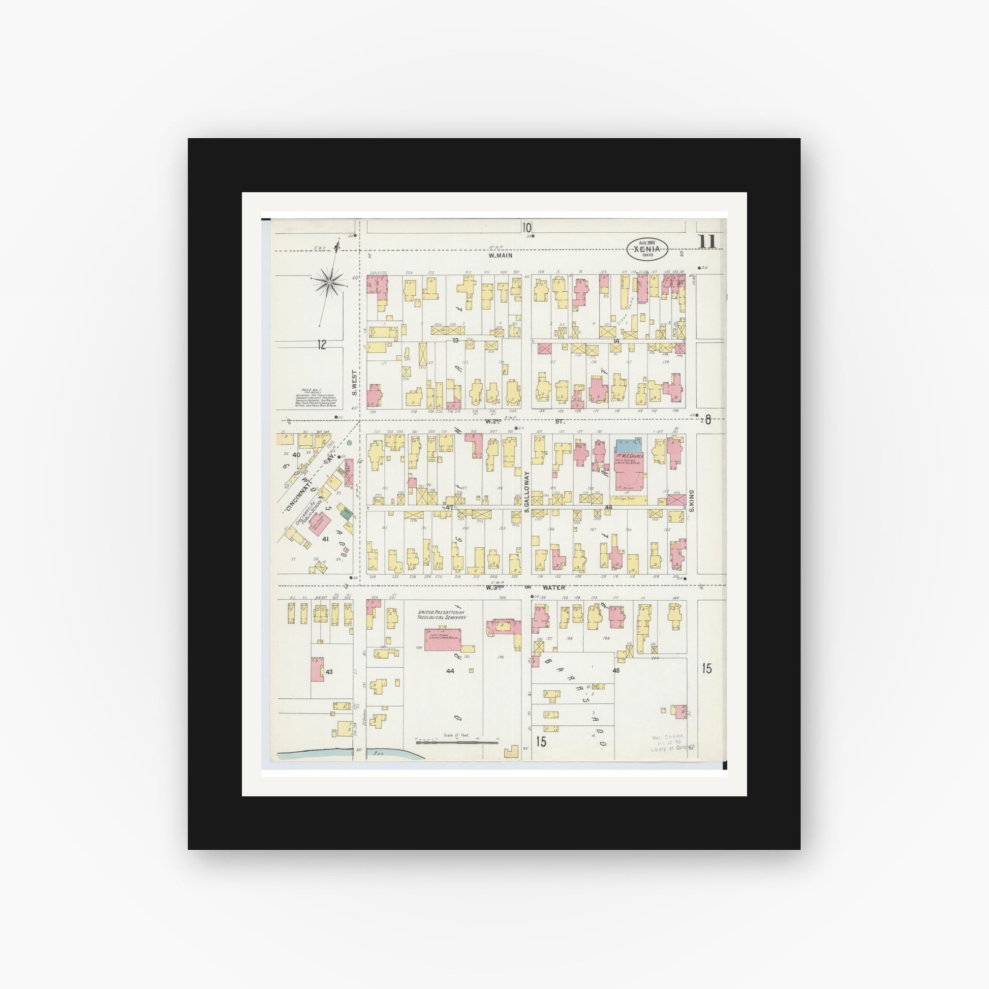 Old map wall art mockup — black gallery frame with white mat — Sanborn Fire Insurance Map from Xenia, Greene County, Ohio (1901), Sheet #0011
