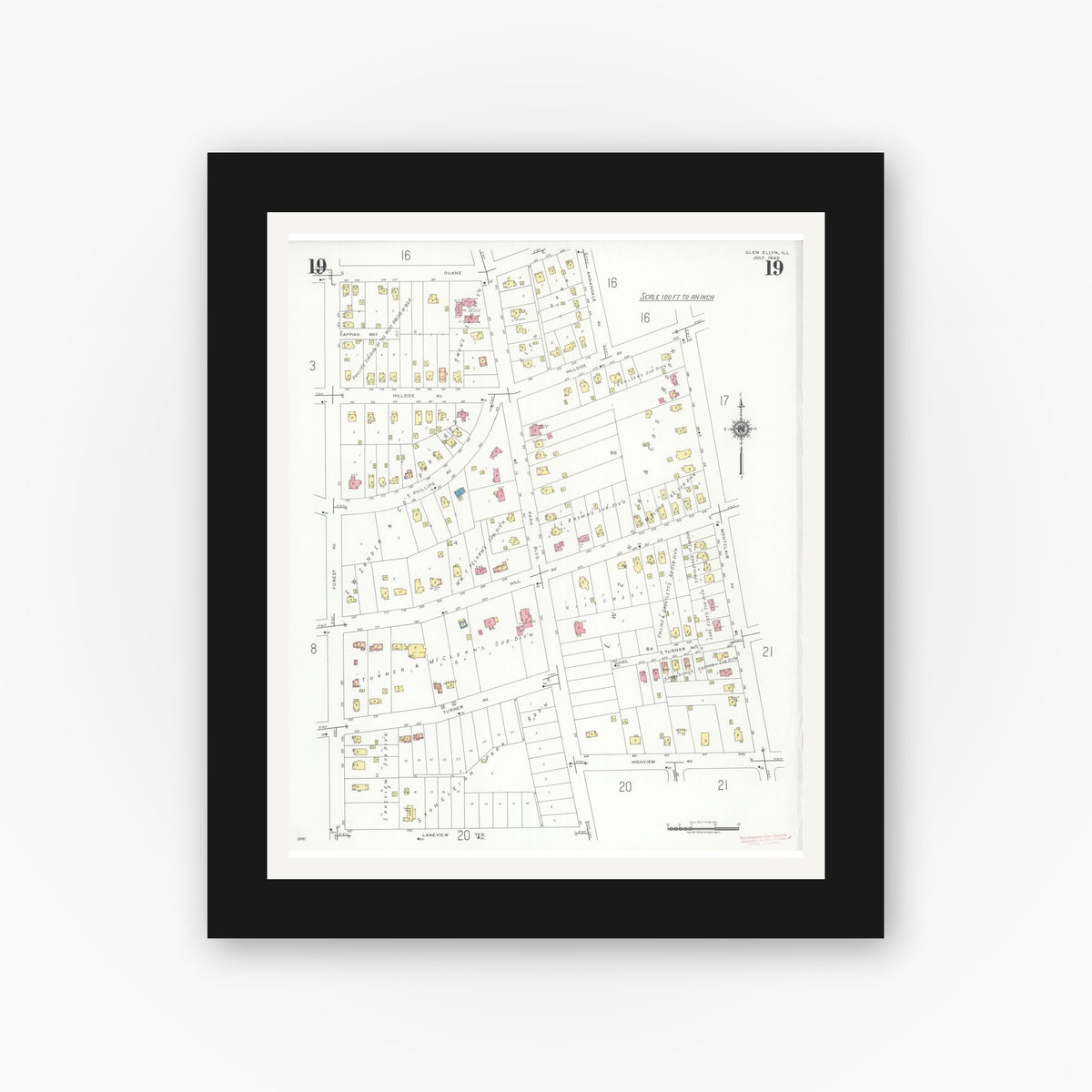 Old map wall art mockup — black gallery frame with white mat — Sanborn Fire Insurance Map from Glen Ellyn, Du Page County, Illinois (1940), Sheet #0019