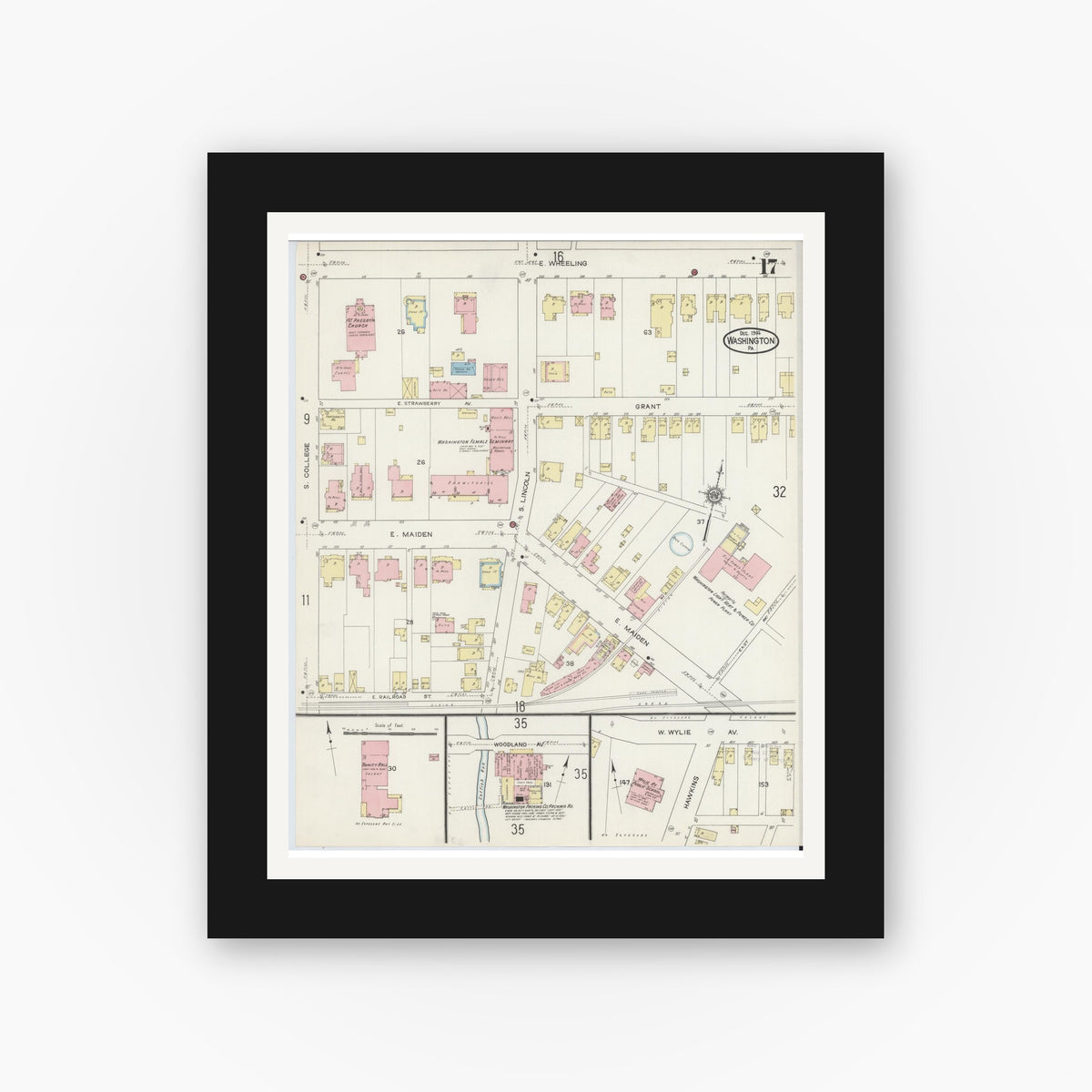 Old map wall art mockup — black gallery frame with white mat — Sanborn Fire Insurance Map from Washington, Washington County, Pennsylvania (1914), Sheet #0017