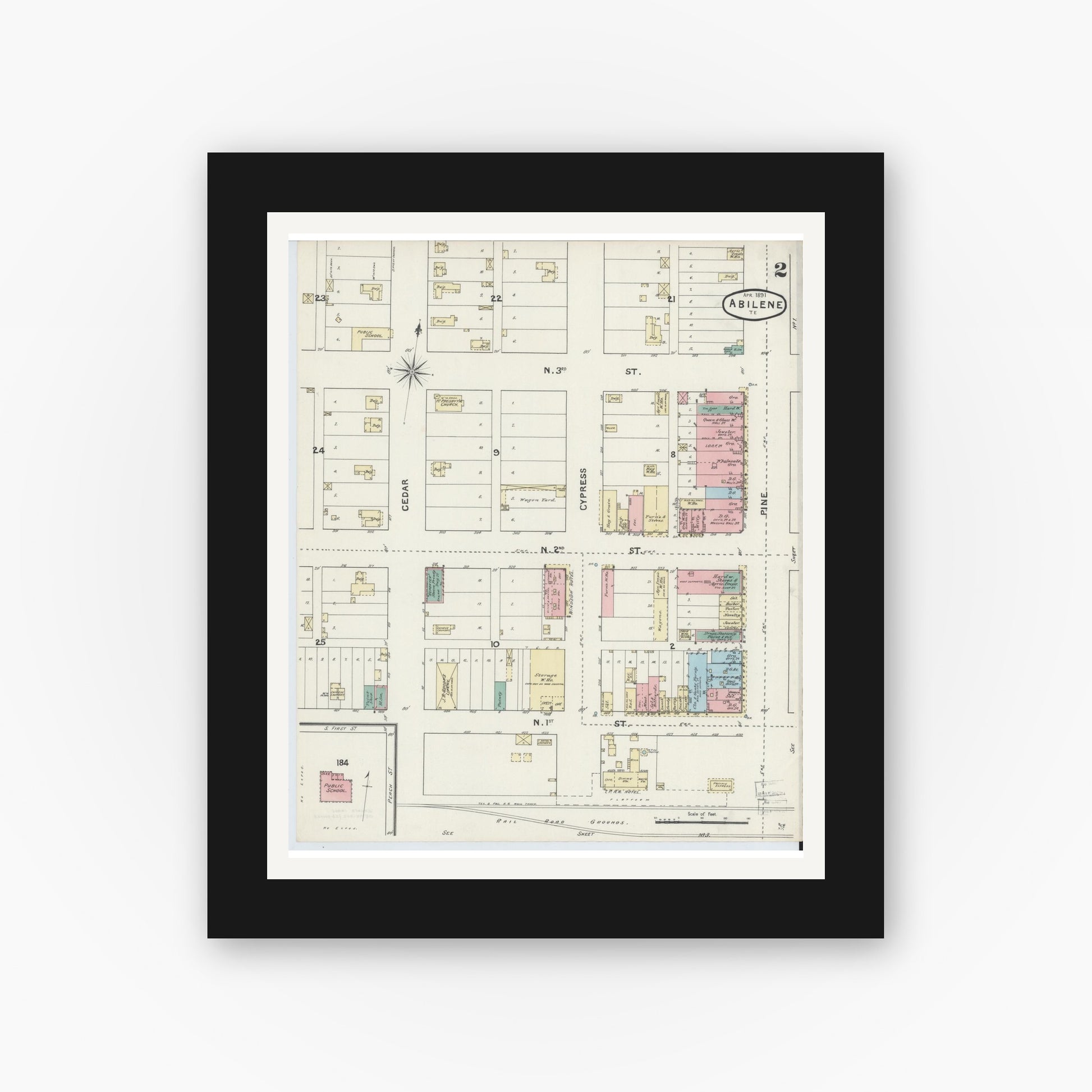 Old map wall art mockup — black gallery frame with white mat — Sanborn Fire Insurance Map from Abilene, Taylor County, Texas (1891), Sheet #0002