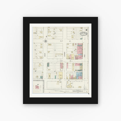 Old map wall art mockup — black gallery frame with white mat — Sanborn Fire Insurance Map from Abilene, Taylor County, Texas (1891), Sheet #0002