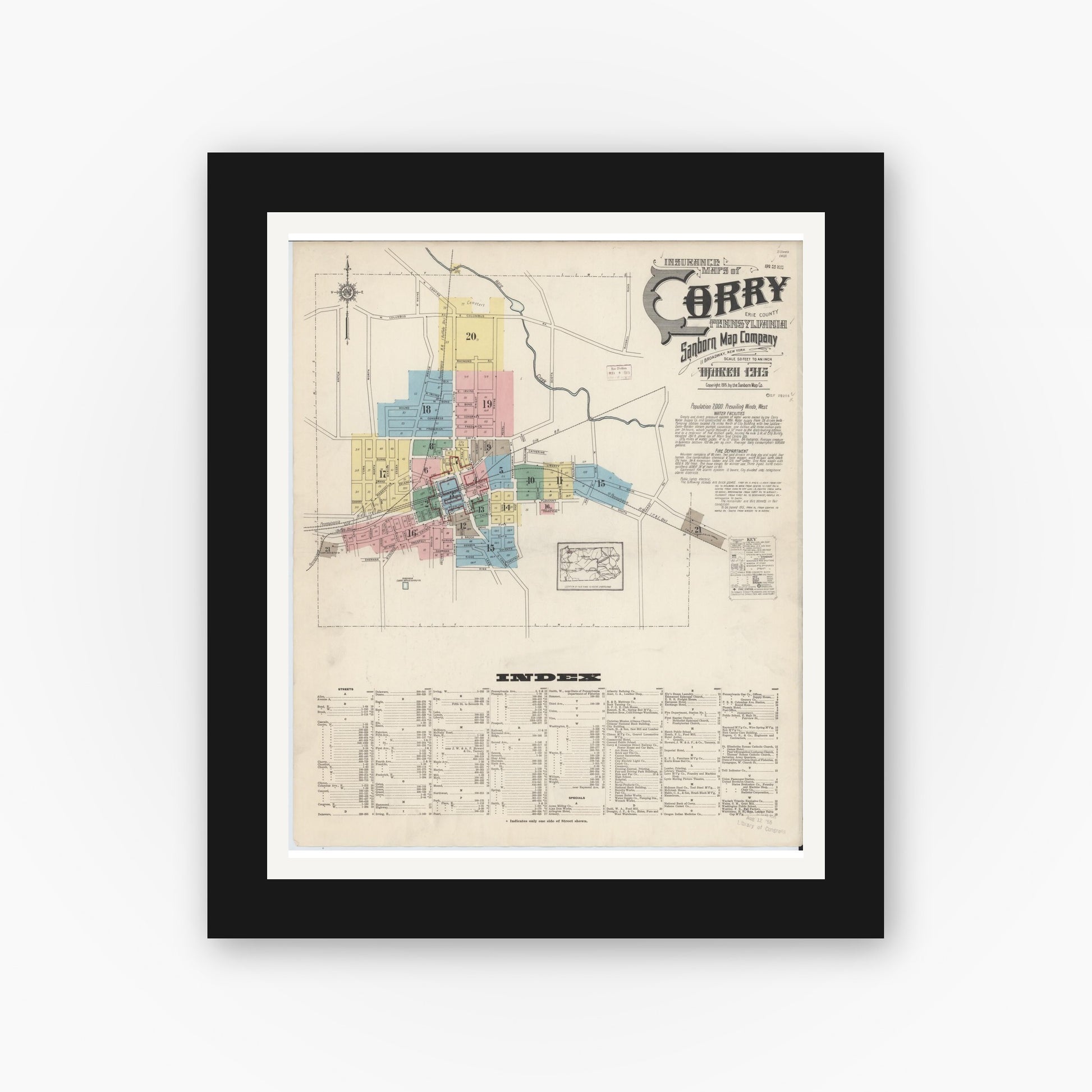 Old map wall art mockup — black gallery frame with white mat — Sanborn Fire Insurance Map from Corry, Erie County, Pennsylvania (1915), Sheet #0001