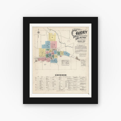 Old map wall art mockup — black gallery frame with white mat — Sanborn Fire Insurance Map from Corry, Erie County, Pennsylvania (1915), Sheet #0001