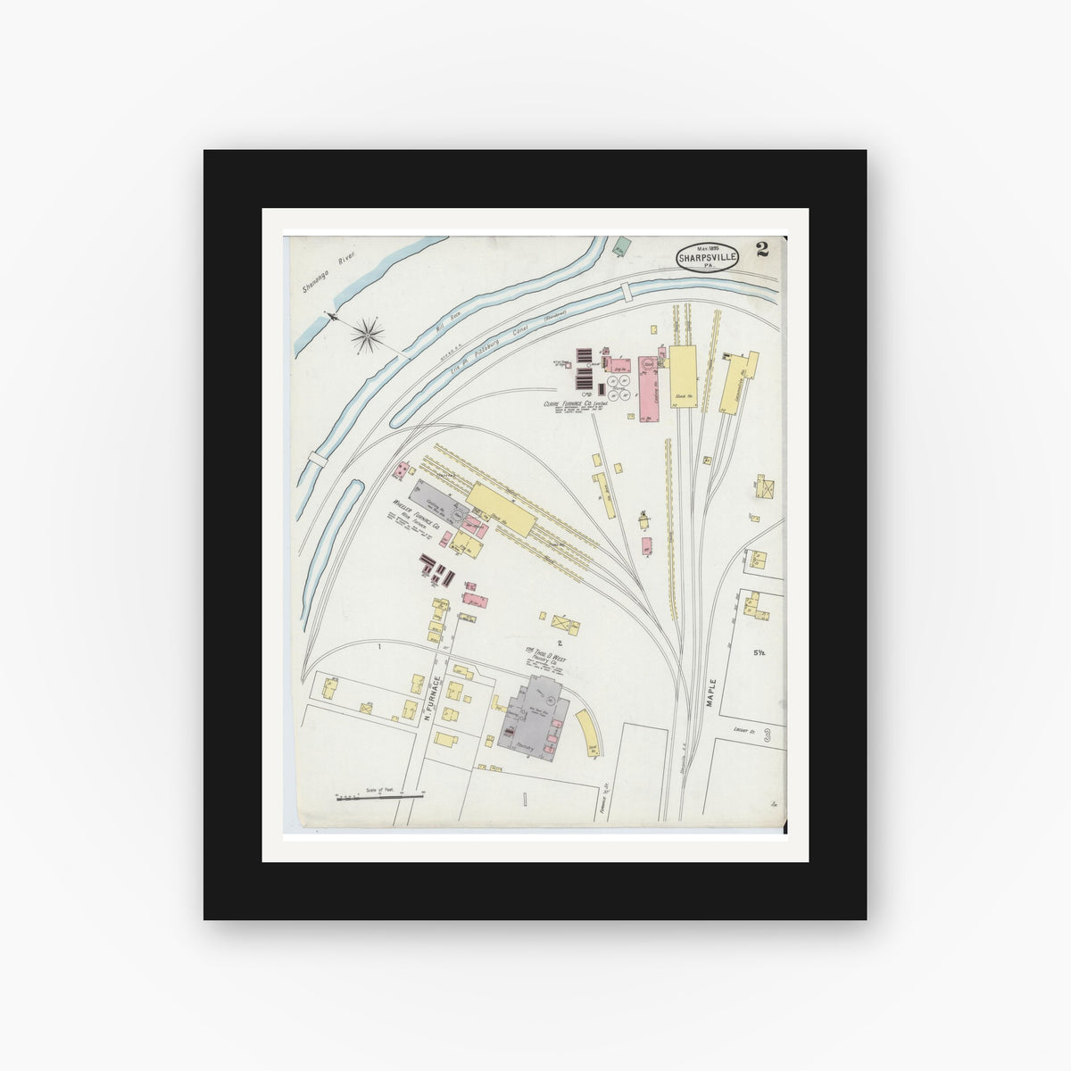 Old map wall art mockup — black gallery frame with white mat — Sanborn Fire Insurance Map from Sharpsville, Mercer County, Pennsylvania (1895), Sheet #0002
