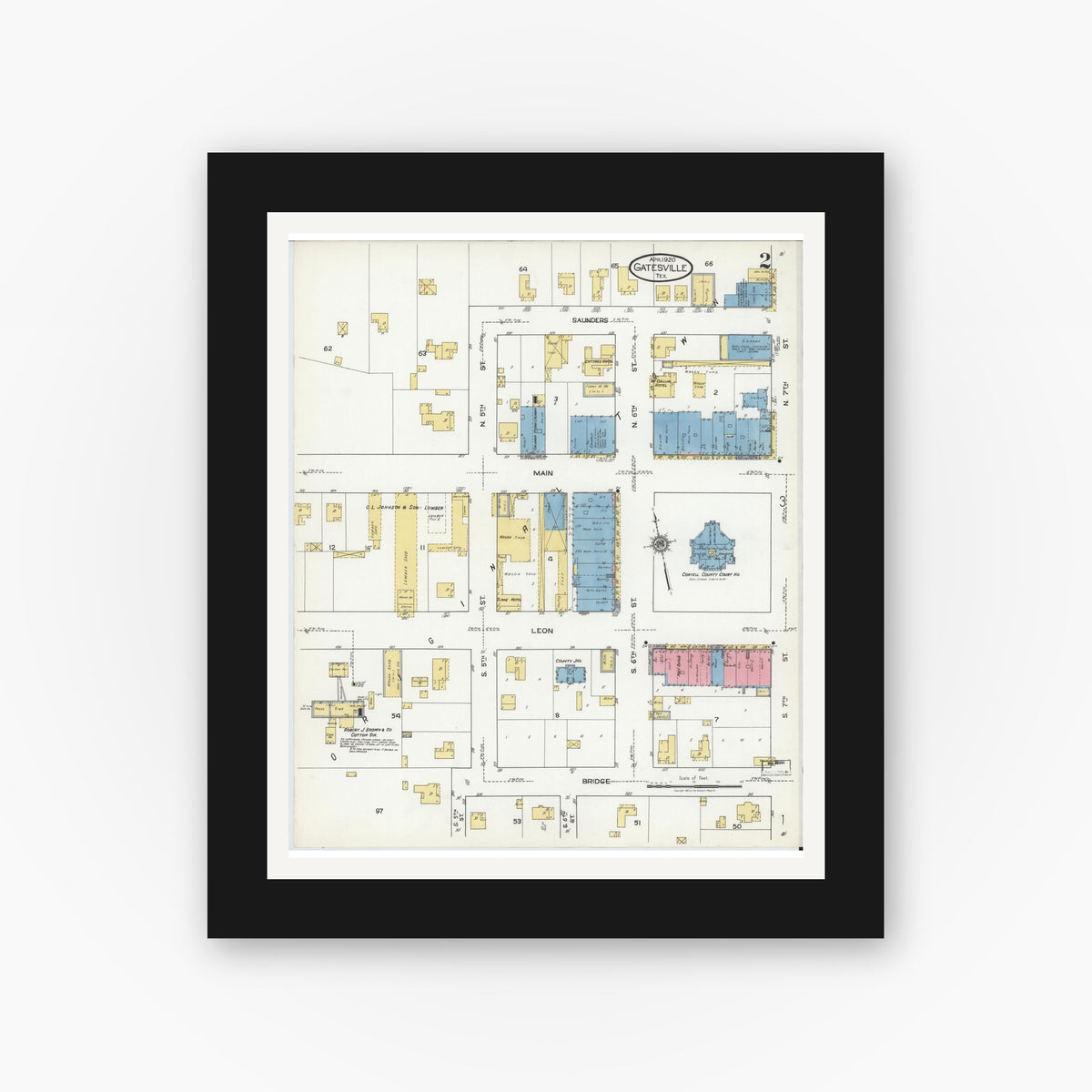 Old map wall art mockup — black gallery frame with white mat — Sanborn Fire Insurance Map from Gatesville, Coryell County, Texas (1920), Sheet #0002