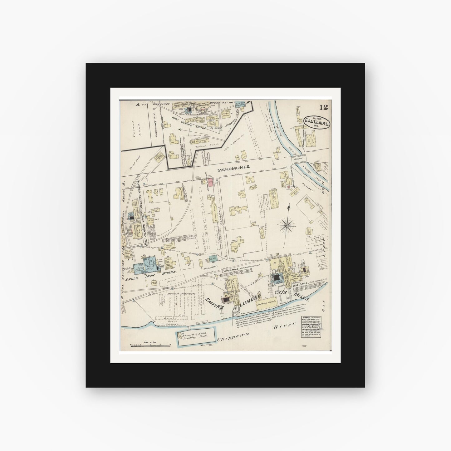 Old map wall art mockup — black gallery frame with white mat — Sanborn Fire Insurance Map from Eau Claire, Eau Claire County, Wisconsin (1883), Sheet #0012