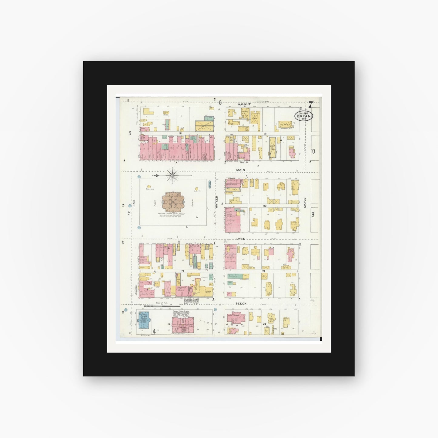 Old map wall art mockup — black gallery frame with white mat — Sanborn Fire Insurance Map from Bryan, Williams County, Ohio (1905), Sheet #0007