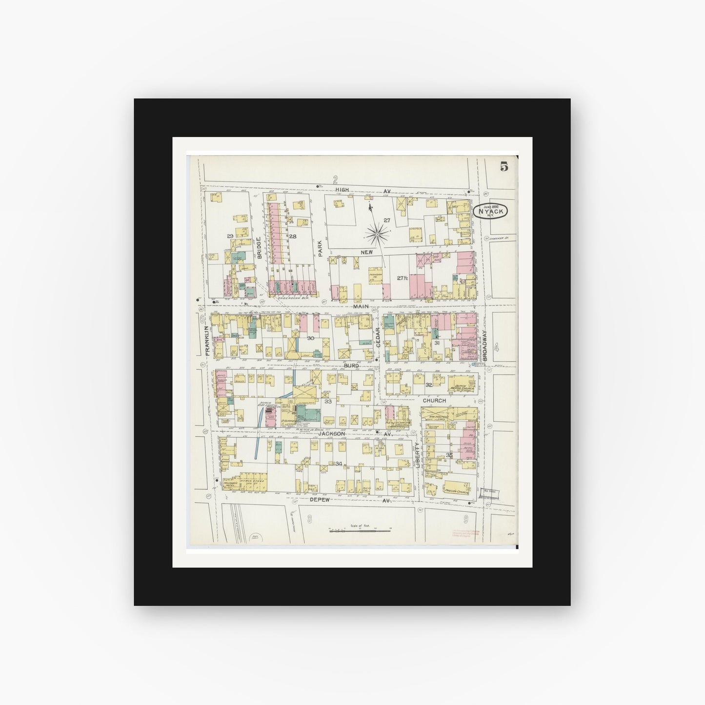 Old map wall art mockup — black gallery frame with white mat — Sanborn Fire Insurance Map from Nyack, Rockland County, New York. (1892), Sheet #0005