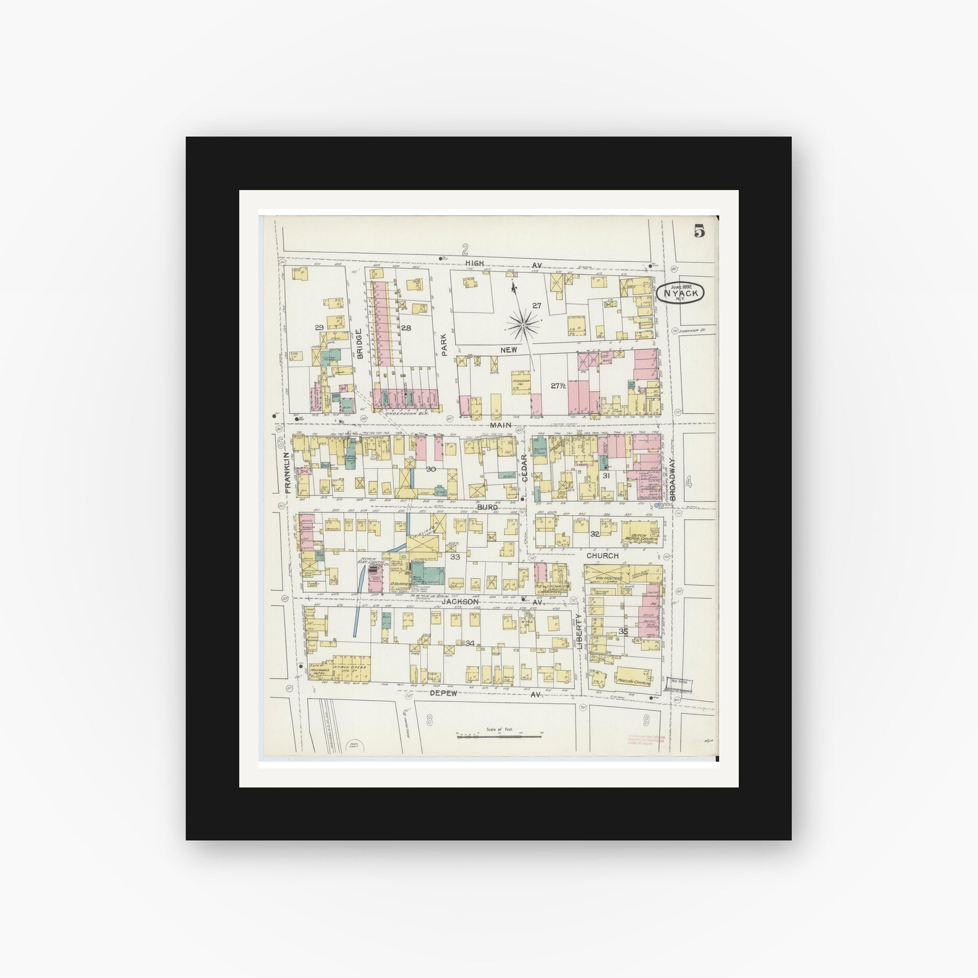 Old map wall art mockup — black gallery frame with white mat — Sanborn Fire Insurance Map from Nyack, Rockland County, New York. (1892), Sheet #0005