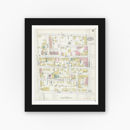 Old map wall art mockup — black gallery frame with white mat — Sanborn Fire Insurance Map from Nyack, Rockland County, New York. (1892), Sheet #0005