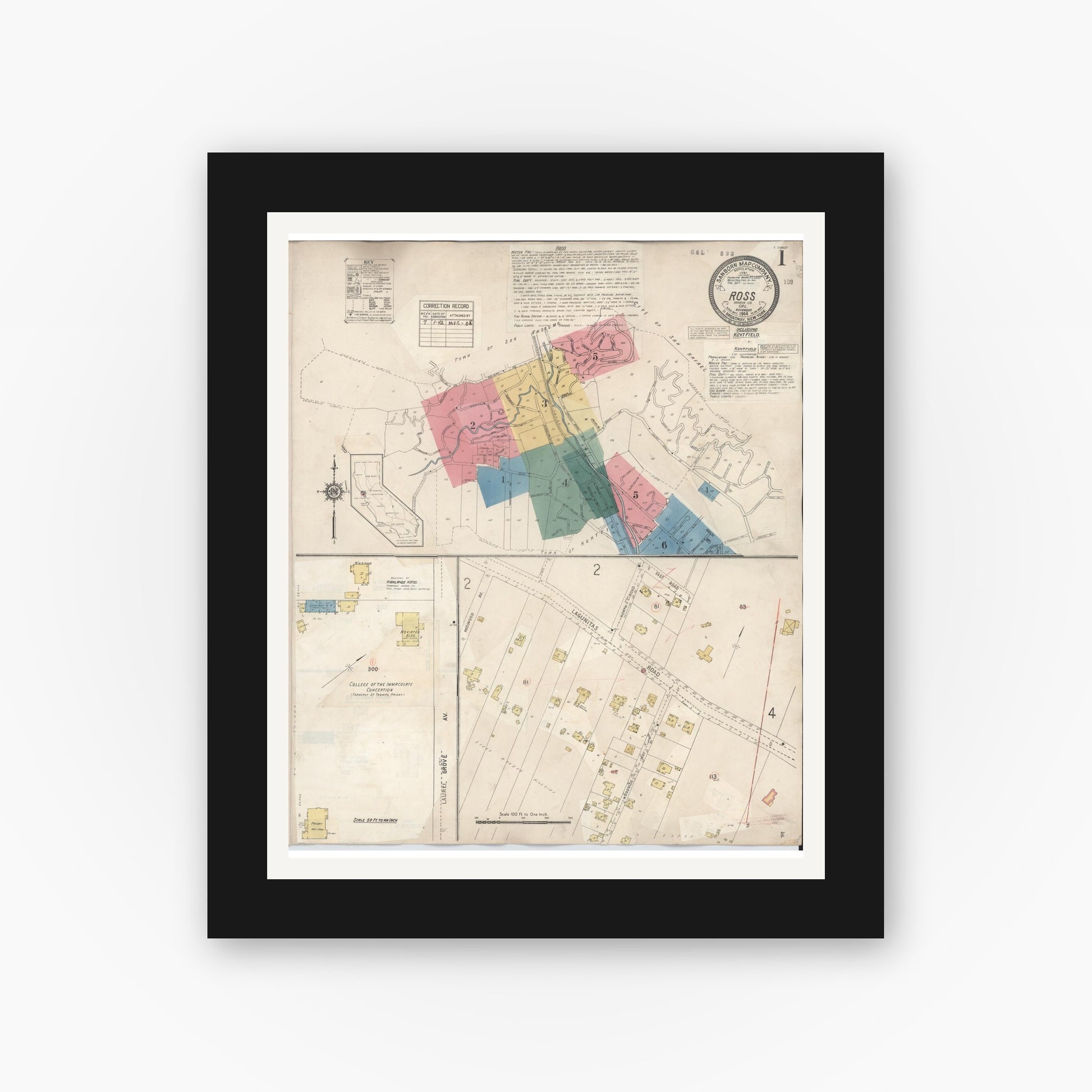 Old map wall art mockup — black gallery frame with white mat — Sanborn Fire Insurance Map from Ross, Marin County, California (1942) - Complete Map Set