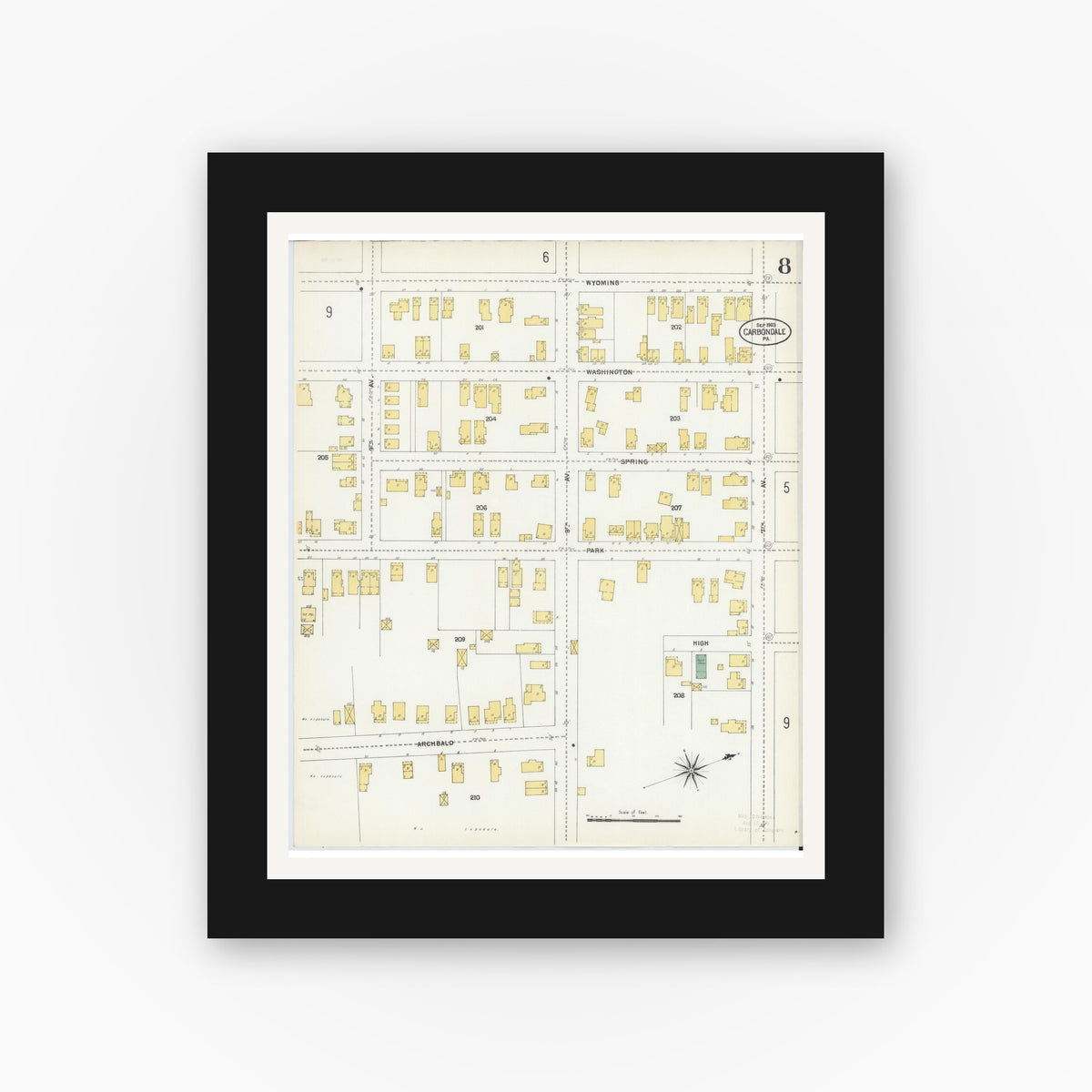 Old map wall art mockup — black gallery frame with white mat — Sanborn Fire Insurance Map from Carbondale, Lackawanna County, Pennsylvania (1903), Sheet #0008