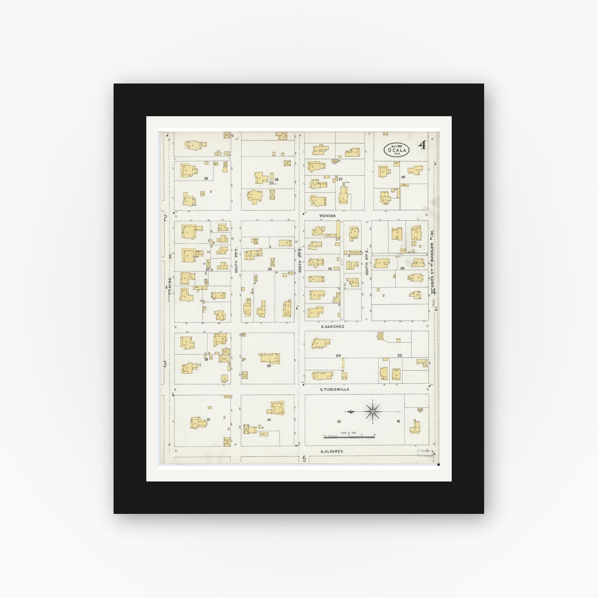 Old map wall art mockup — black gallery frame with white mat — Sanborn Fire Insurance Map from Ocala, Marion County, Florida (1906), Sheet #0004
