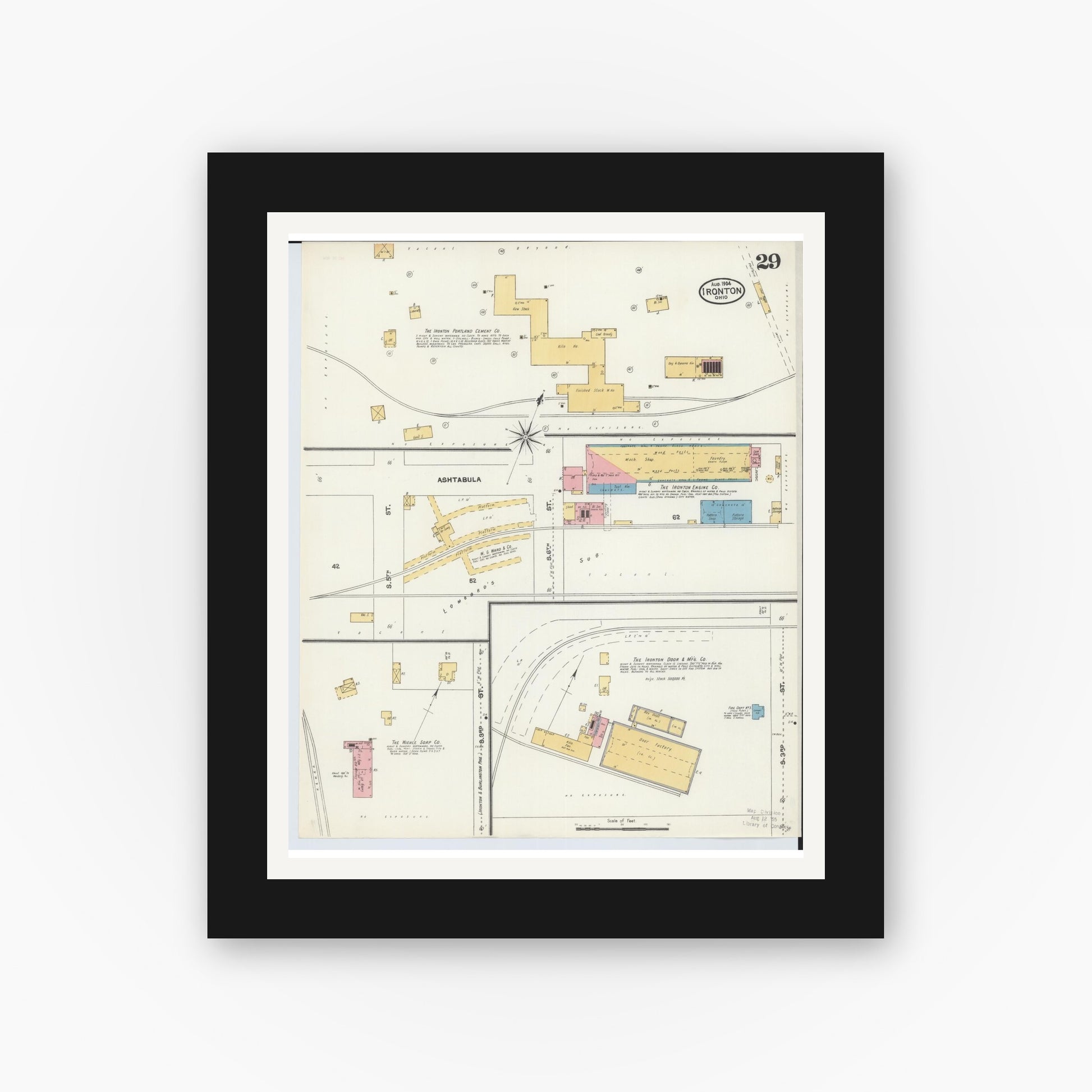 Old map wall art mockup — black gallery frame with white mat — Sanborn Fire Insurance Map from Ironton, Lawrence County, Ohio (1904), Sheet #0029