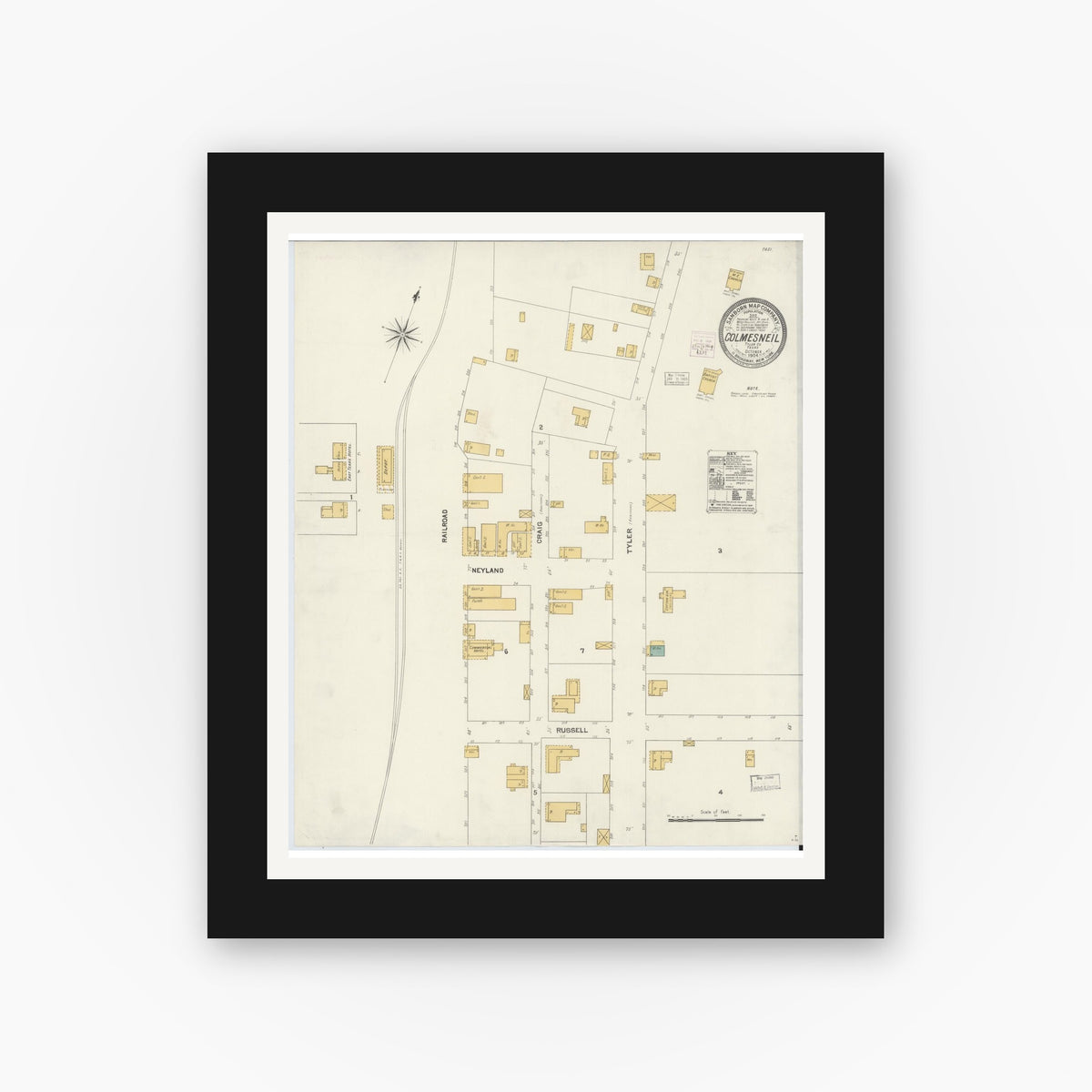 Old map wall art mockup — black gallery frame with white mat — Sanborn Fire Insurance Map from Colmesneil, Tyler County, Texas (1904), Sheet #0001