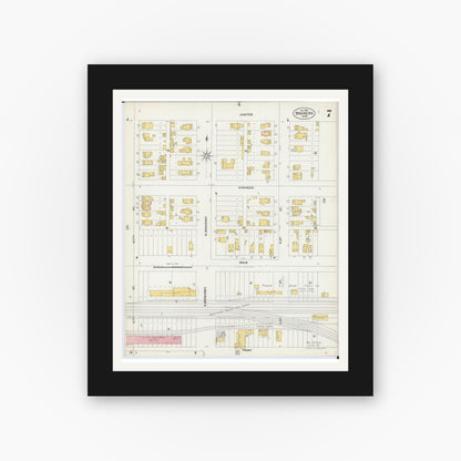 Old map wall art mockup — black gallery frame with white mat — Sanborn Fire Insurance Map from Brainerd, Crow Wing County, Minnesota (1902), Sheet #0007