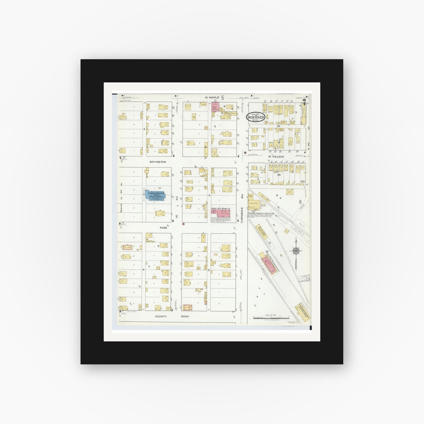 Old map wall art mockup — black gallery frame with white mat — Sanborn Fire Insurance Map from Iron River, Iron County, Michigan (1917), Sheet #0007