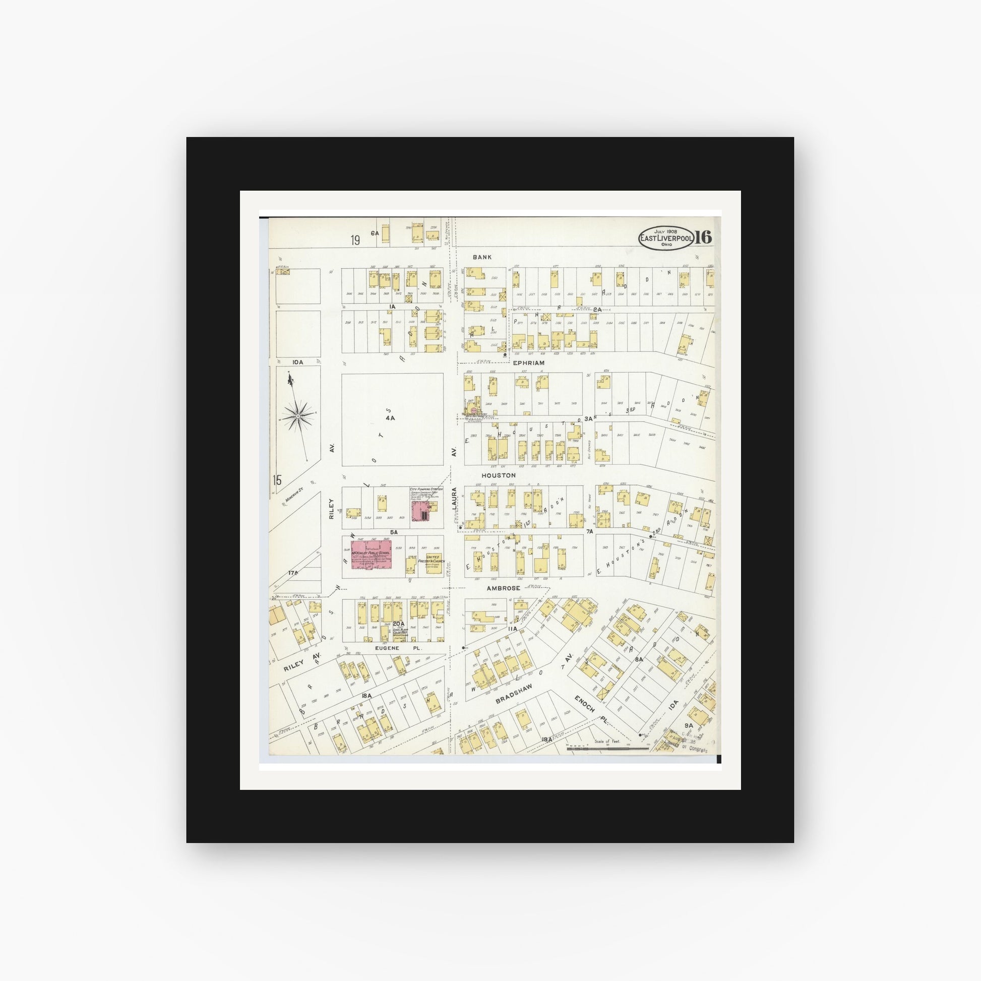 Old map wall art mockup — black gallery frame with white mat — Sanborn Fire Insurance Map from East Liverpool, Columbiana County, Ohio (1908), Sheet #0016